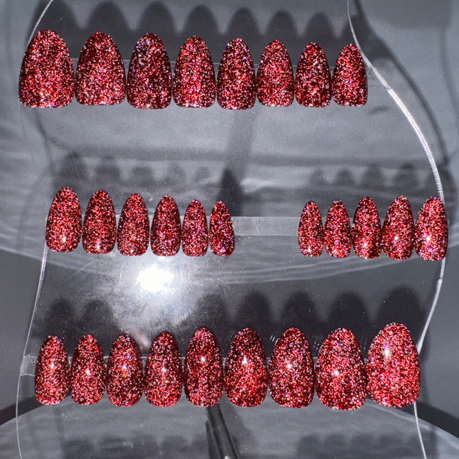 RED LIGHT - Set of 28 Nails - Almond/Short - Reusable False Nails.