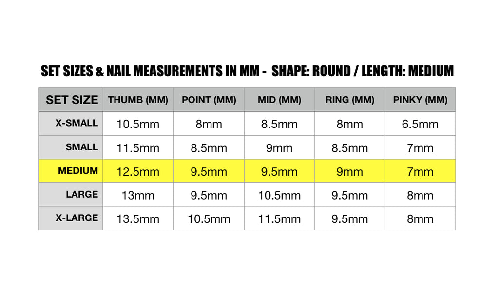 Color Code / Shape: Round - Length: Medium / Set Size: Medium/ Reusable set of 10 nails ￼