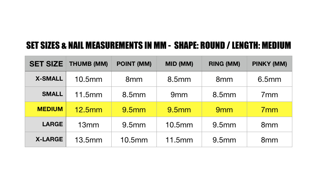 Color Code / Shape: Round - Length: Medium / Set Size: Medium/ Reusable set of 10 nails ￼