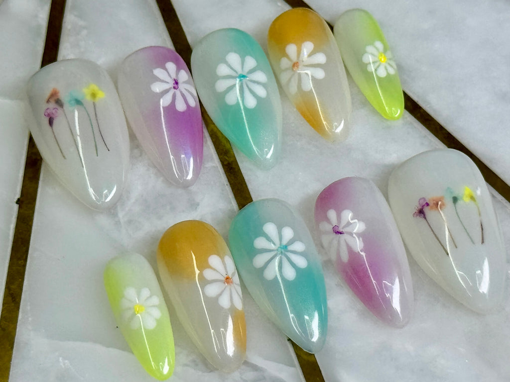 FLOWER STORY / Shape:Stiletto - Length:Short / Set of 10 Nails - REUSEABLE / Set Size XL