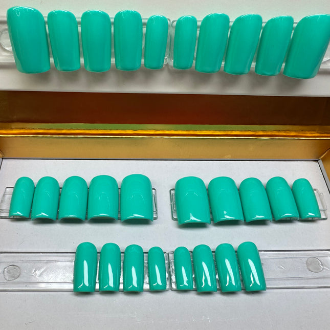 Solid Aqua Summer - Reusable Short/Square Press-ons - 28 Nails options (14 size options for ea. hand)