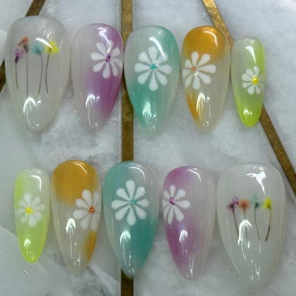 FLOWER STORY / Shape:Stiletto - Length:Short / Set of 10 Nails - REUSEABLE / Set Size XL