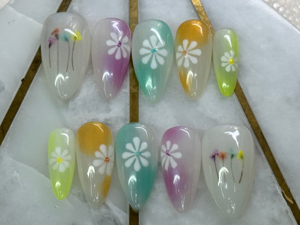 FLOWER STORY / Shape:Stiletto - Length:Short / Set of 10 Nails - REUSEABLE / Set Size XL