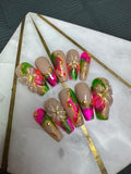 Cali Dreams /Shape:Coffin - Length:Med / Set Size: Small / 10 false nails (5 nails for each hand)