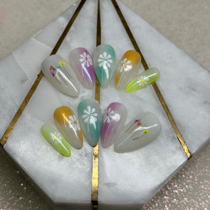 FLOWER STORY / Shape:Stiletto - Length:Short / Set of 10 Nails - REUSEABLE / Set Size XL