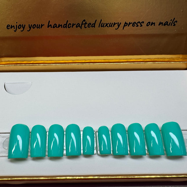 Solid Aqua Summer - Reusable Short/Square Press-ons - 28 Nails options (14 size options for ea. hand)