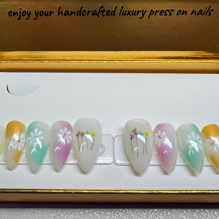 FLOWER STORY / Shape:Stiletto - Length:Short / Set of 10 Nails - REUSEABLE / Set Size XL