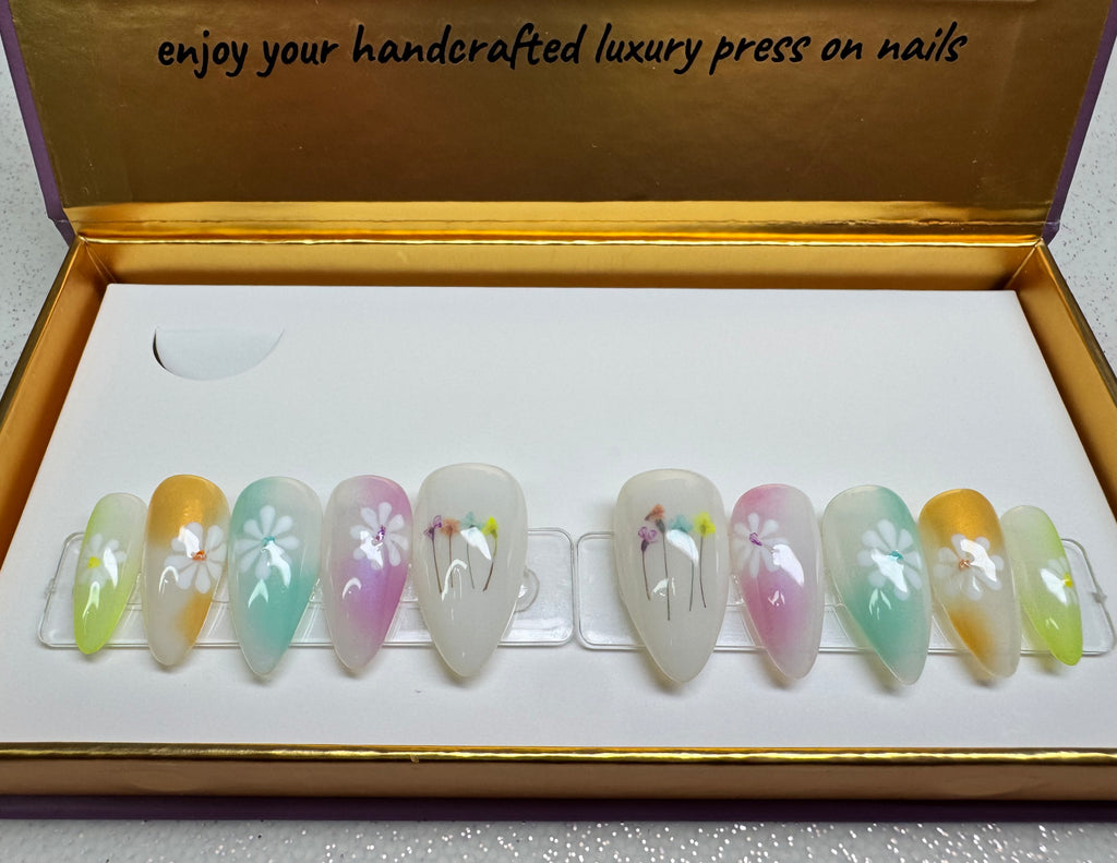 FLOWER STORY / Shape:Stiletto - Length:Short / Set of 10 Nails - REUSEABLE / Set Size XL
