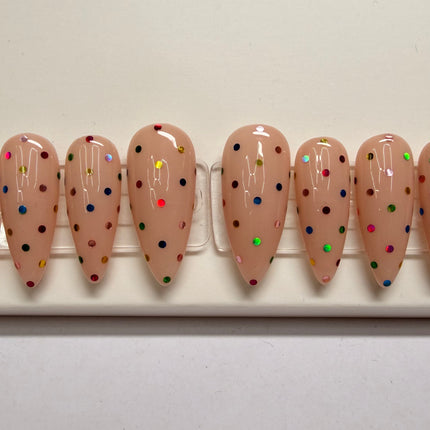 Rainbow Skittles Set size: Medium / Shape: Stiletto / Length: Medium, Reusable press-on nails, 10 PCS