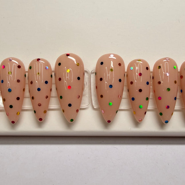 Rainbow Skittles Set size: Medium / Shape: Stiletto / Length: Medium, Reusable press-on nails, 10 PCS
