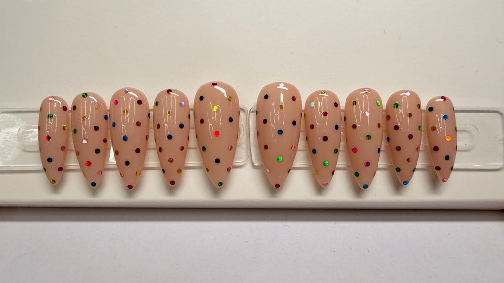 Rainbow Skittles Set size: Medium / Shape: Stiletto / Length: Medium, Reusable press-on nails, 10 PCS