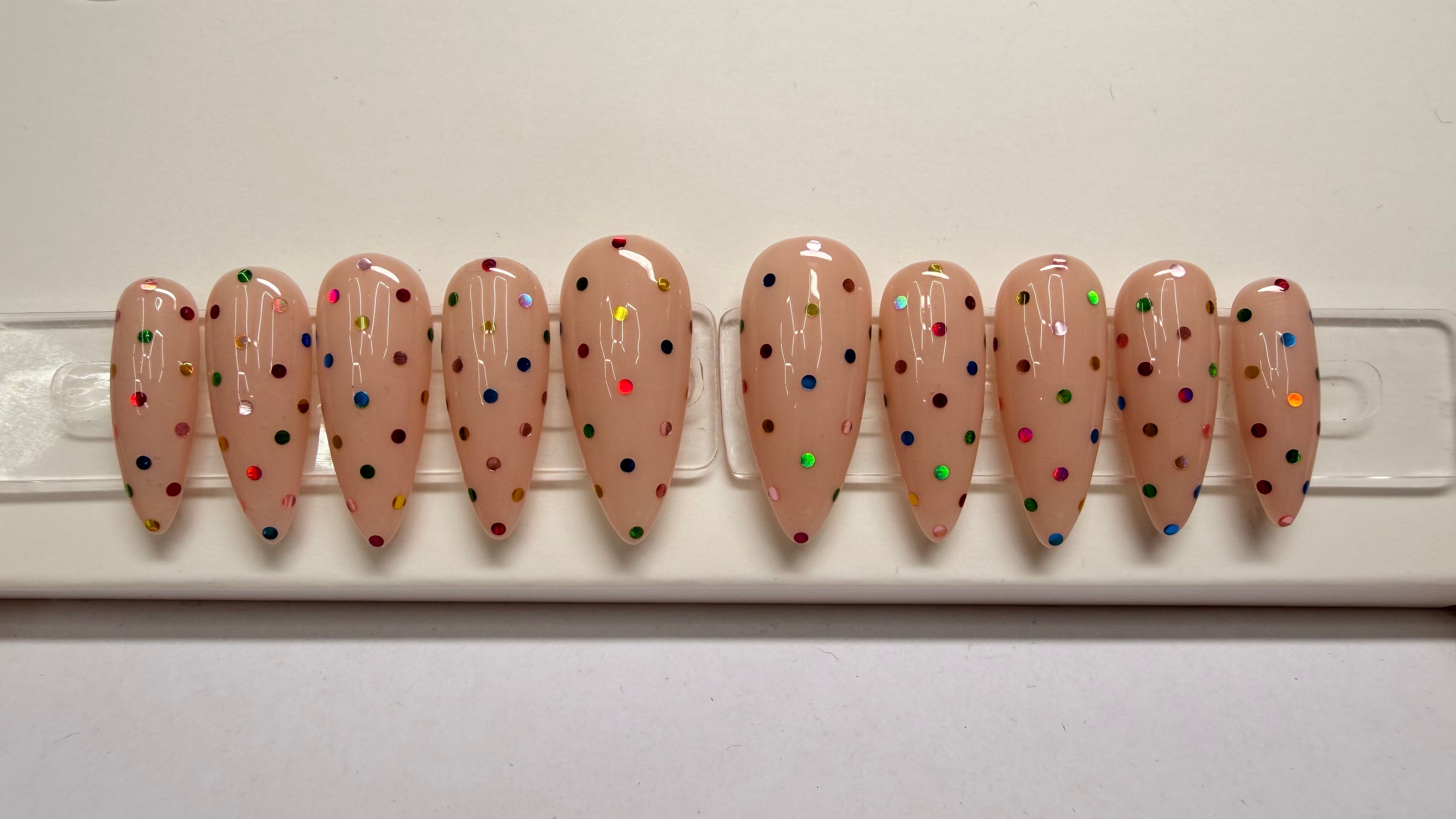 Rainbow Skittles Set size: Medium / Shape: Stiletto / Length: Medium, Reusable press-on nails, 10 PCS