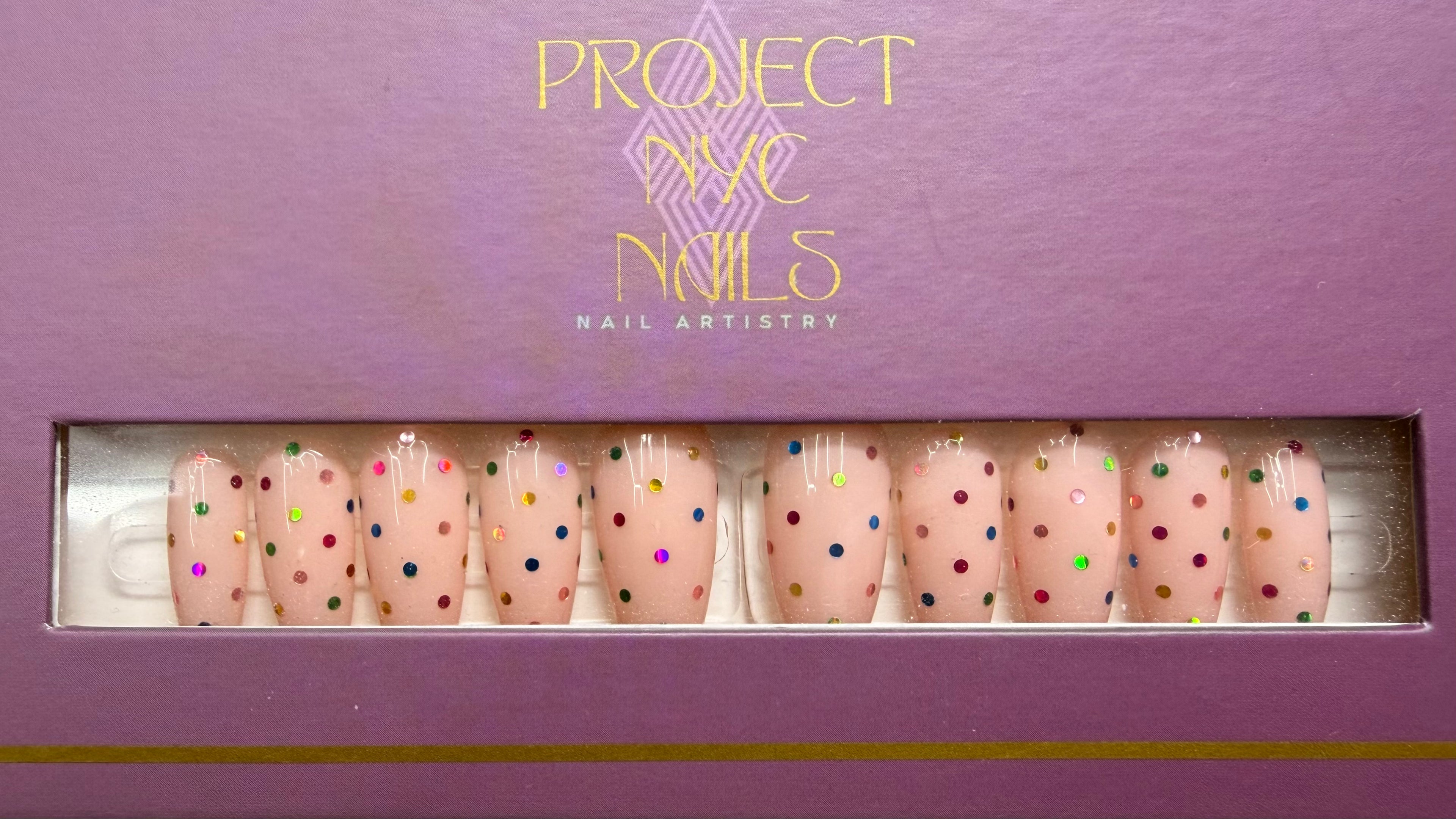 Rainbow Skittles Set size: Medium / Shape: Stiletto / Length: Medium, Reusable press-on nails, 10 PCS