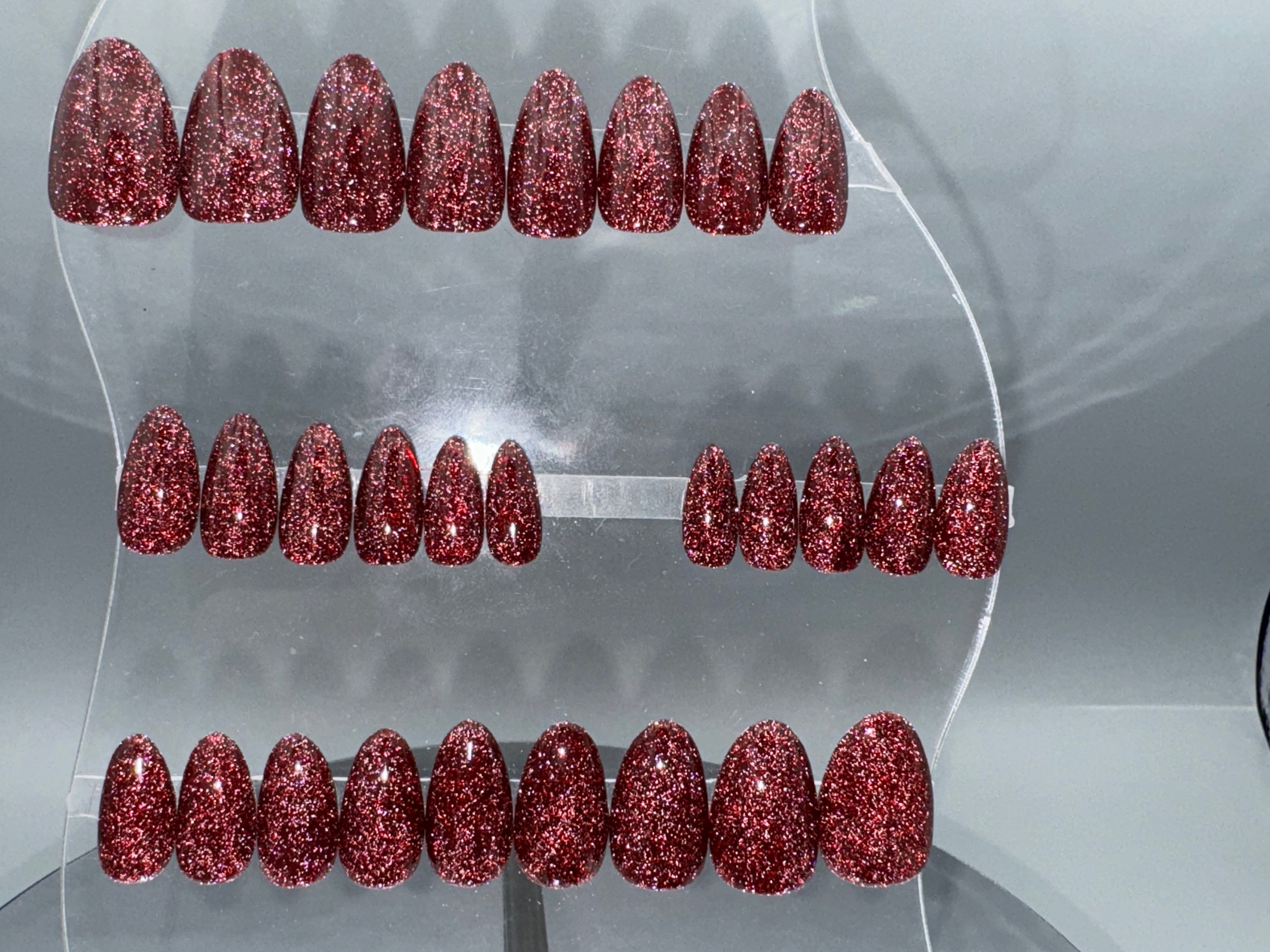 RED LIGHT - Set of 28 Nails - Almond/Short - Reusable False Nails.