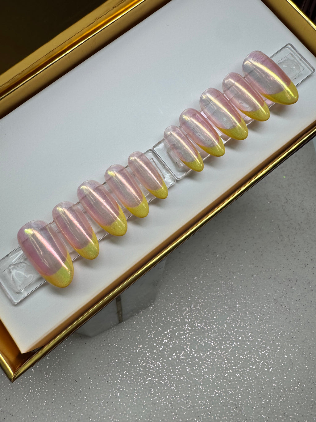 French Chrome Lemonade - Shape:Round  - Length:Med / Set Size:Small / Set of 10 Reusable Nails