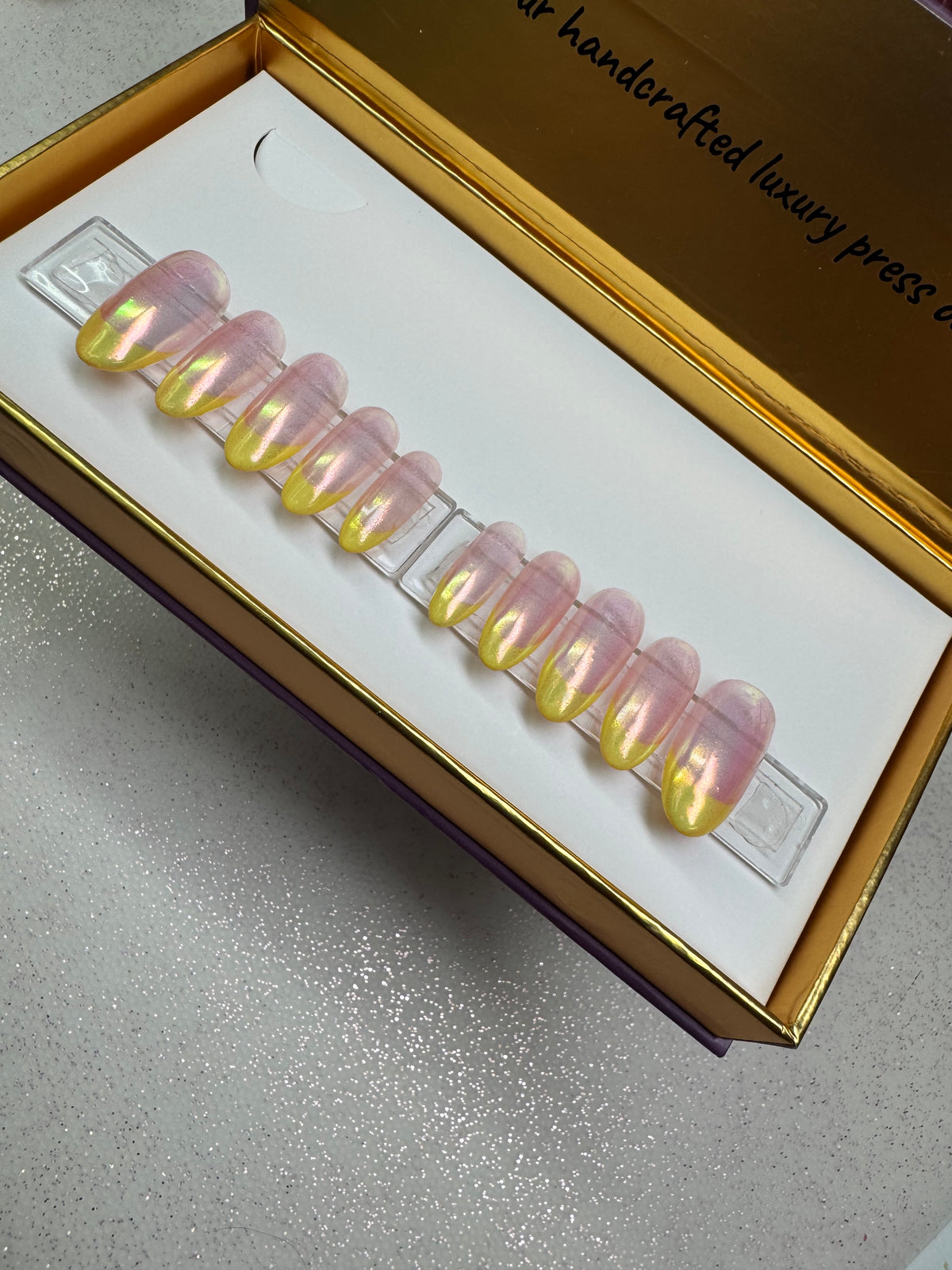 French Chrome Lemonade - Shape:Round  - Length:Med / Set Size:Small / Set of 10 Reusable Nails